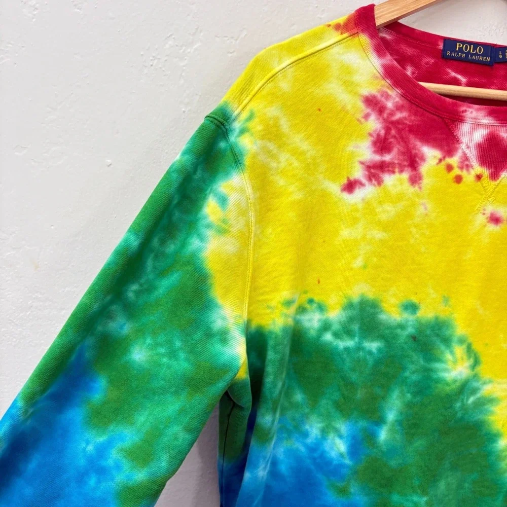 Polo Ralph Lauren Tie Die Sweatshirt Men Size Large Rainbow Pullover Long Sleeve